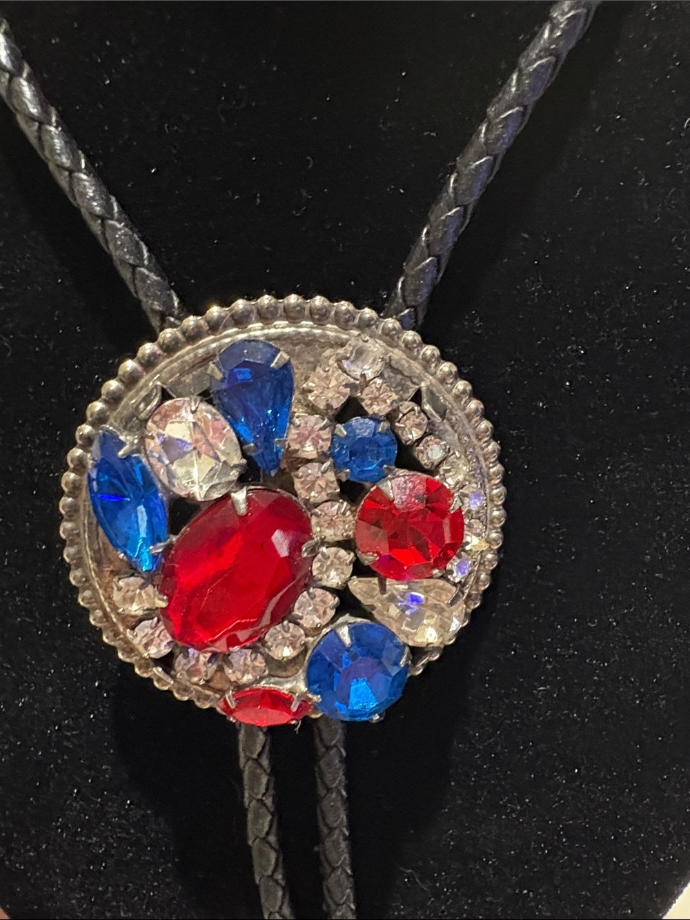 Crystal Bolo Tie Necklace with Red and Blue Gemstones - Picture 2 of 5